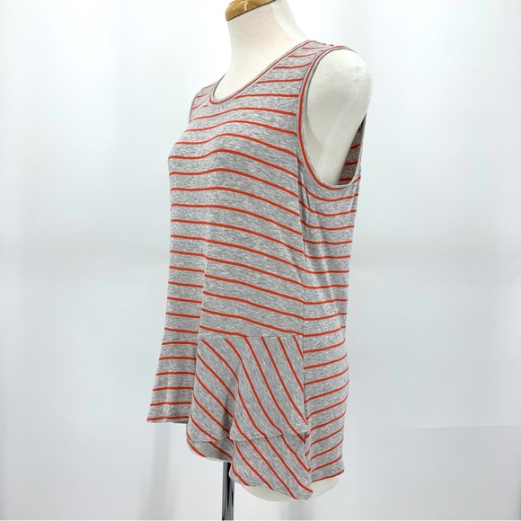Cabi Ruffle Top # 5331, Coral Stripe on Heather Grey Ruffle Peplum Top, Small - Picture 4 of 16